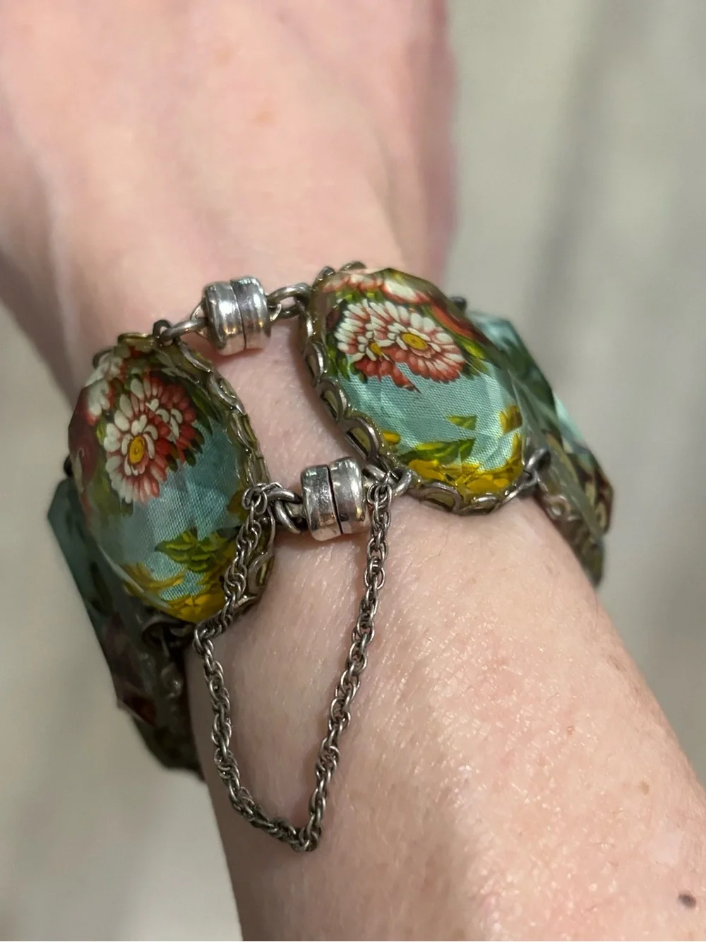 Vintage Ayala Bar Retired Fabric Under Glass Panel Bracelet Magnetic Clasp